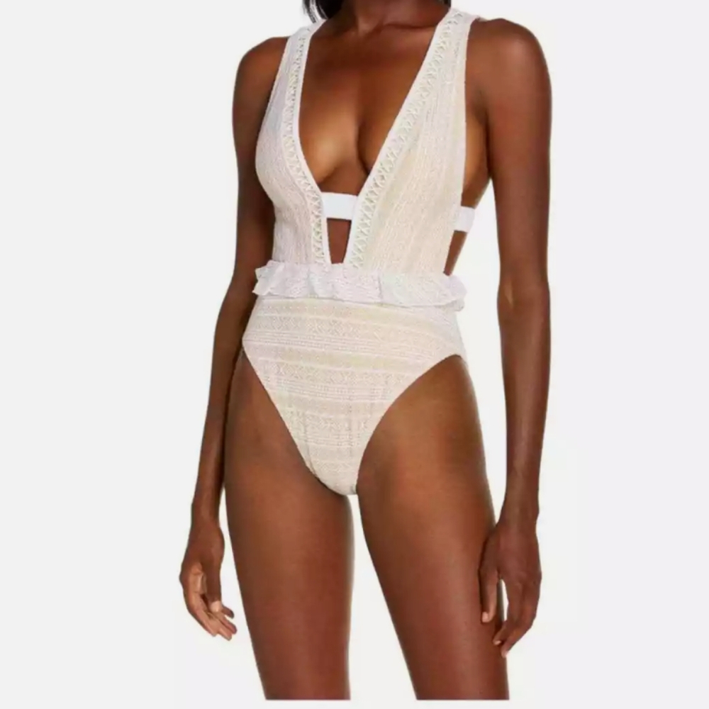 River Island Resort Womens One Piece Peplum White Beige Plunge swimsuit